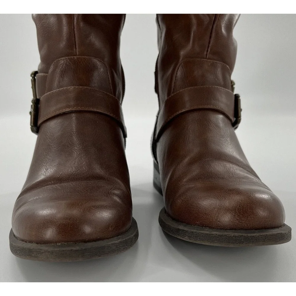 Nine West‎ Riding Boot Women 6.5 M Brown and Black Tall Strap Zip Buckle Leorawm